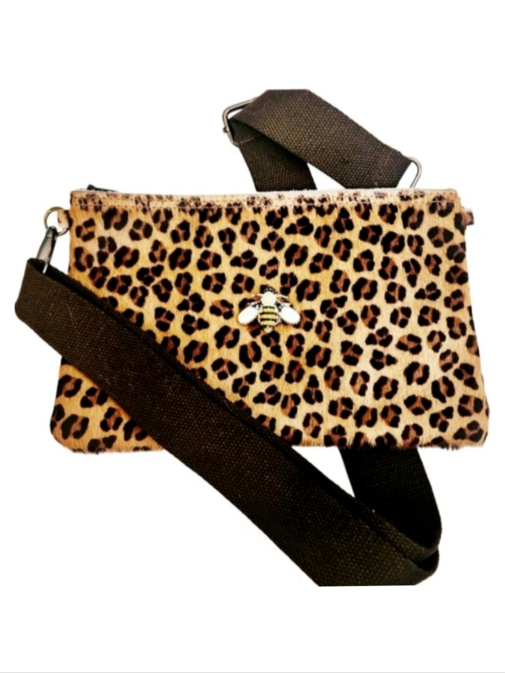 Leopard Print Hair on Hide Crossbody Bag with Bee Snap Charm & Adjustable Strap - Picture 9 of 9